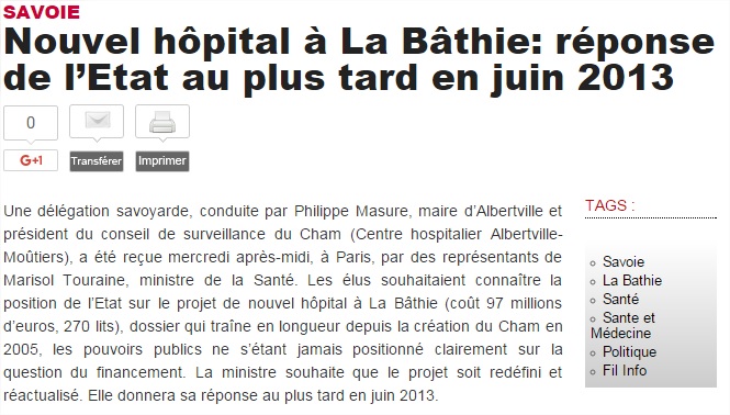 2012-10-17 - Le DL - Nouvel hôpital à La Bâthie - réponse de l’Etat au plus tard en juin 2013