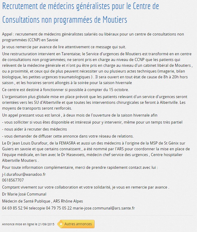 2015-09-21 - Annonce recrutements - Conseil Départemental de l'Ordre des Médecins de Savoie