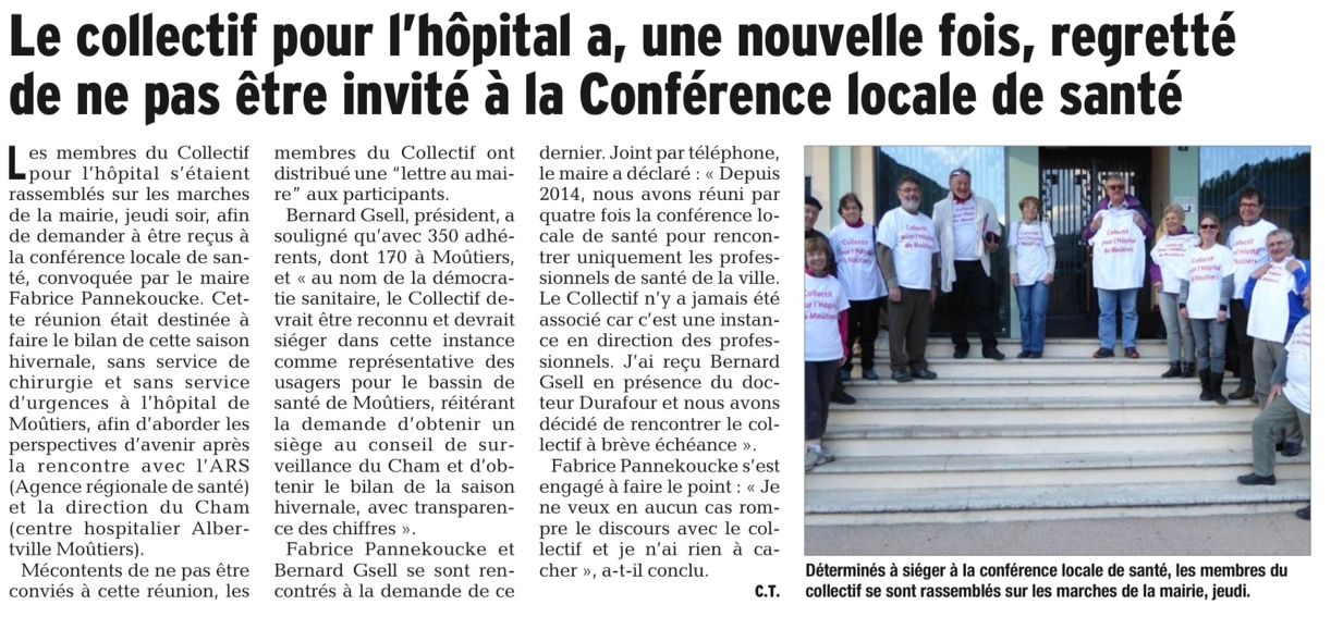 2016-05-02 - Le DL - Le collectif pour l'hôpital a, une nouvelle fois, regretté de ne pas être invité à la Conférence locale de santé