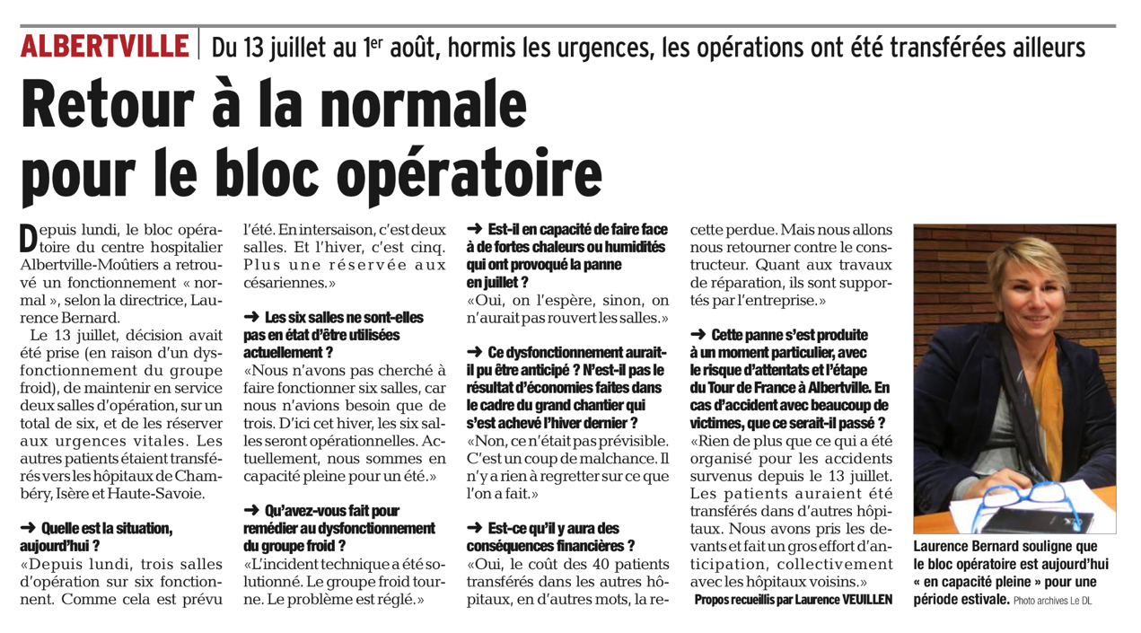2016-08-03 - Le Dauphiné Libéré - Retour à la normale pour le bloc opératoire