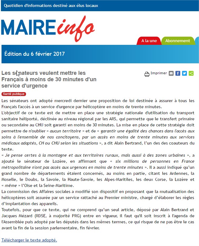 2017-02-06 - Maire-info AMF - Les sénateurs veulent mettre les Français à moins de 30 minutes d'un service d'urgence